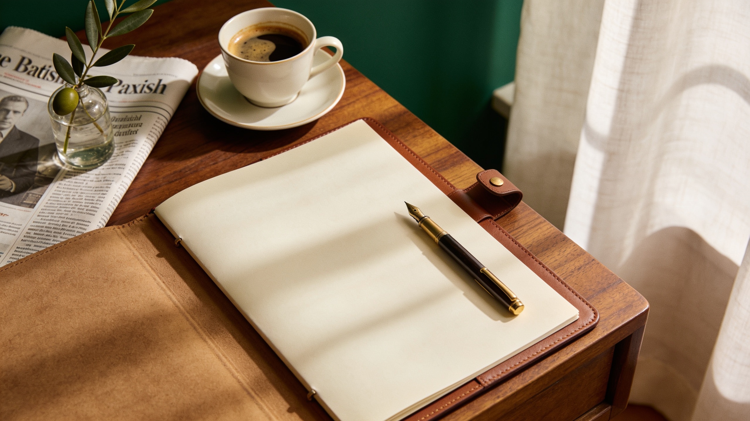 Open leather portfolio with brass pen, coffee and olive branch