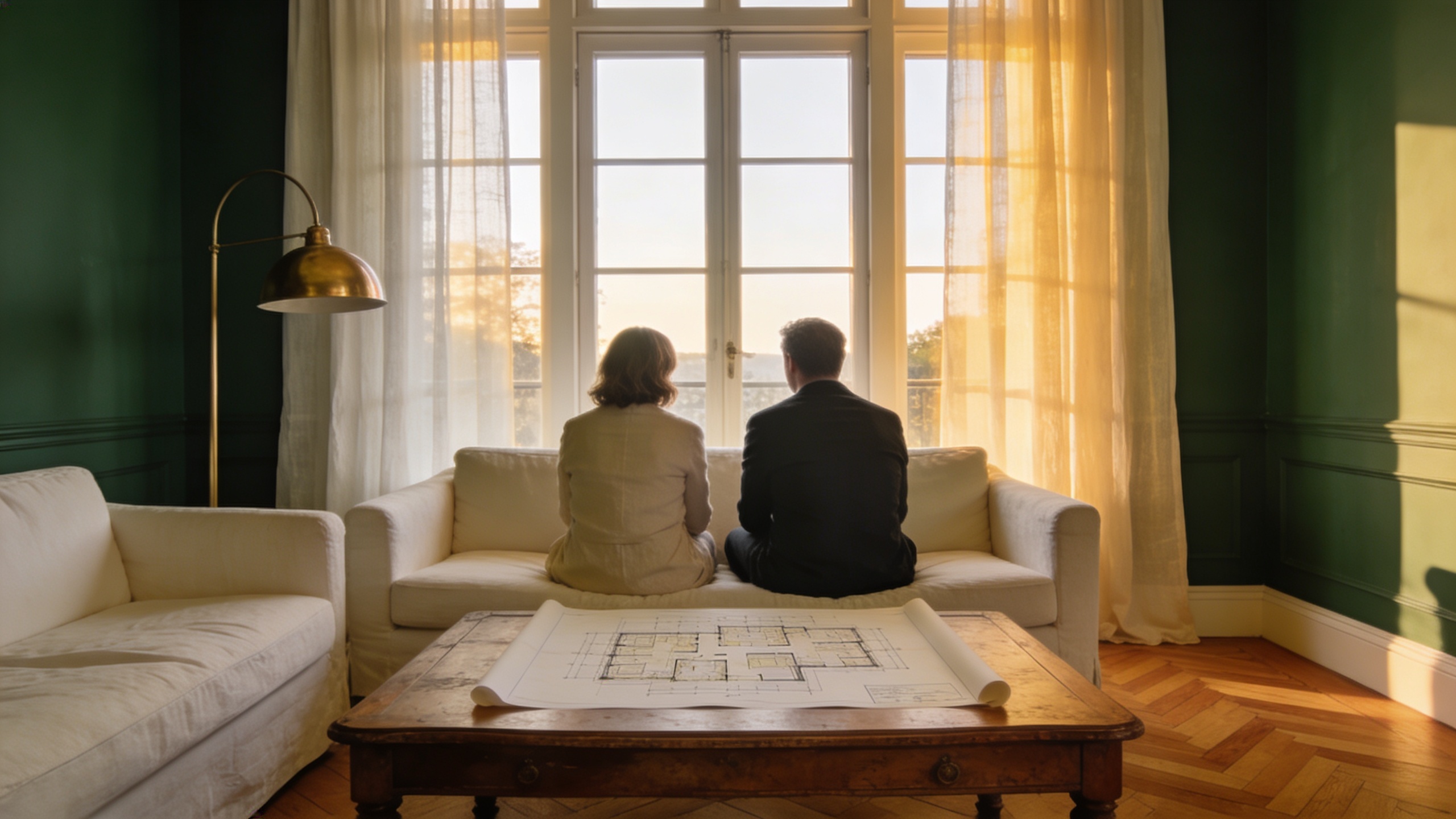 Couple reviewing a home floor plan in a residential living room at sunset