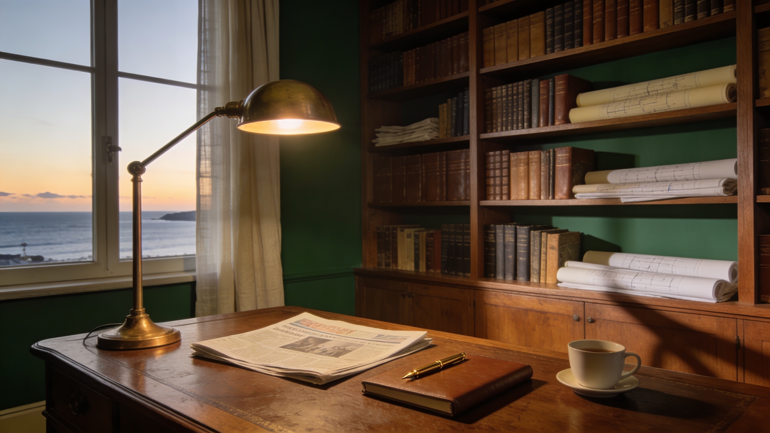 Private study with library, brass lamp and Atlantic view