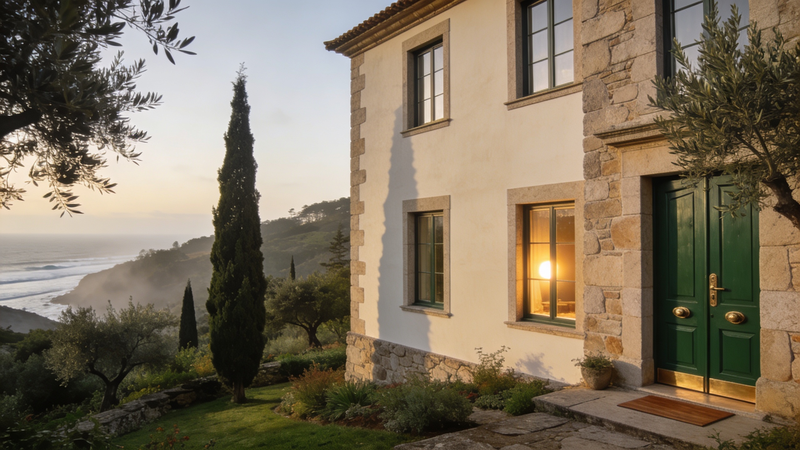 Stone residential villa on the Atlantic coast at sunset
