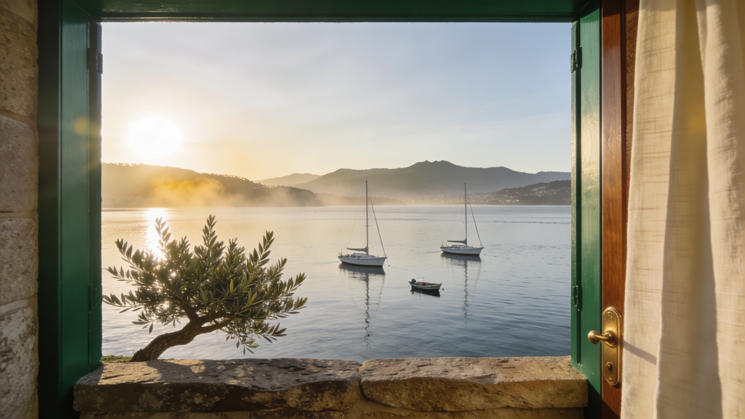 View of the Ría de Vigo at sunset with olive tree and Racing green window