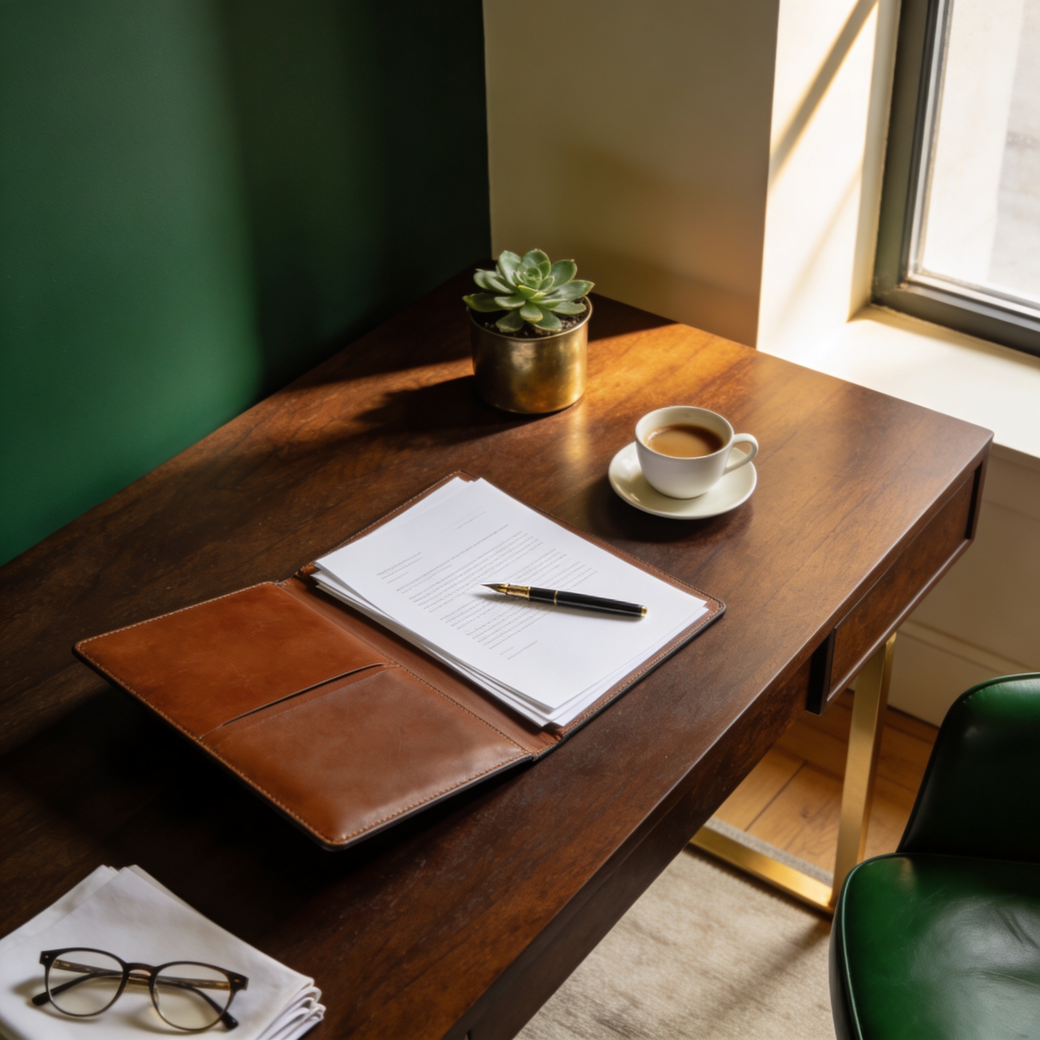 Desk with leather portfolio, open document and fountain pen. NICHÈ financial analysis space.