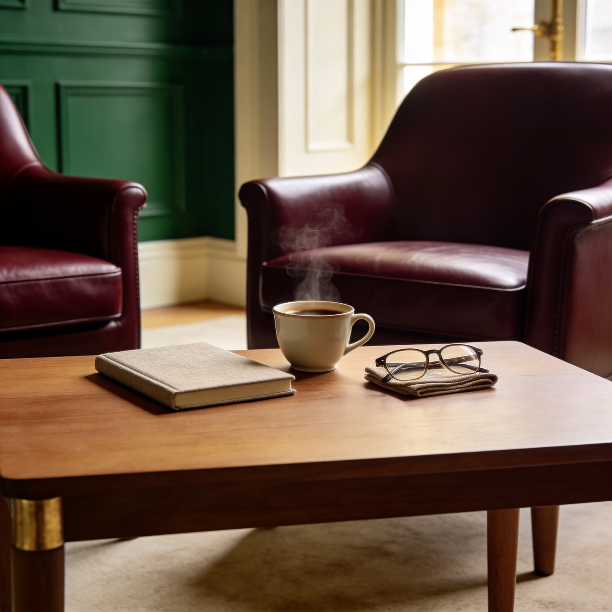 Two club chairs facing each other on a cream rug. A conversation about to begin.