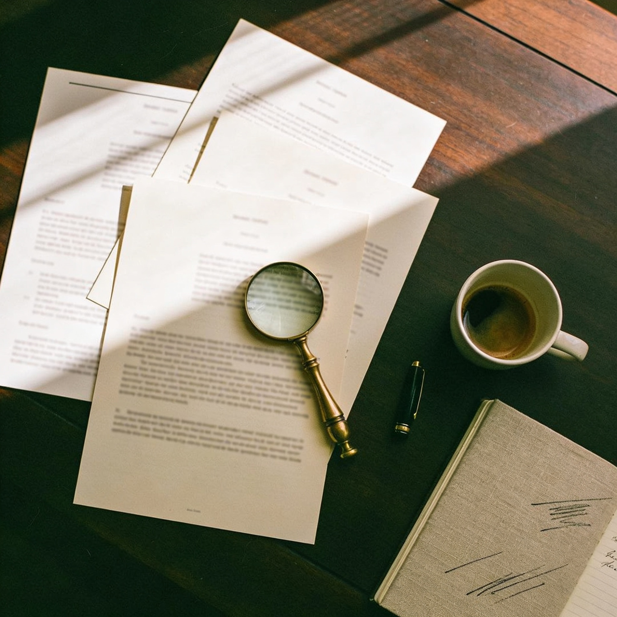 Open documents on an oak desk. Analysis in progress.
