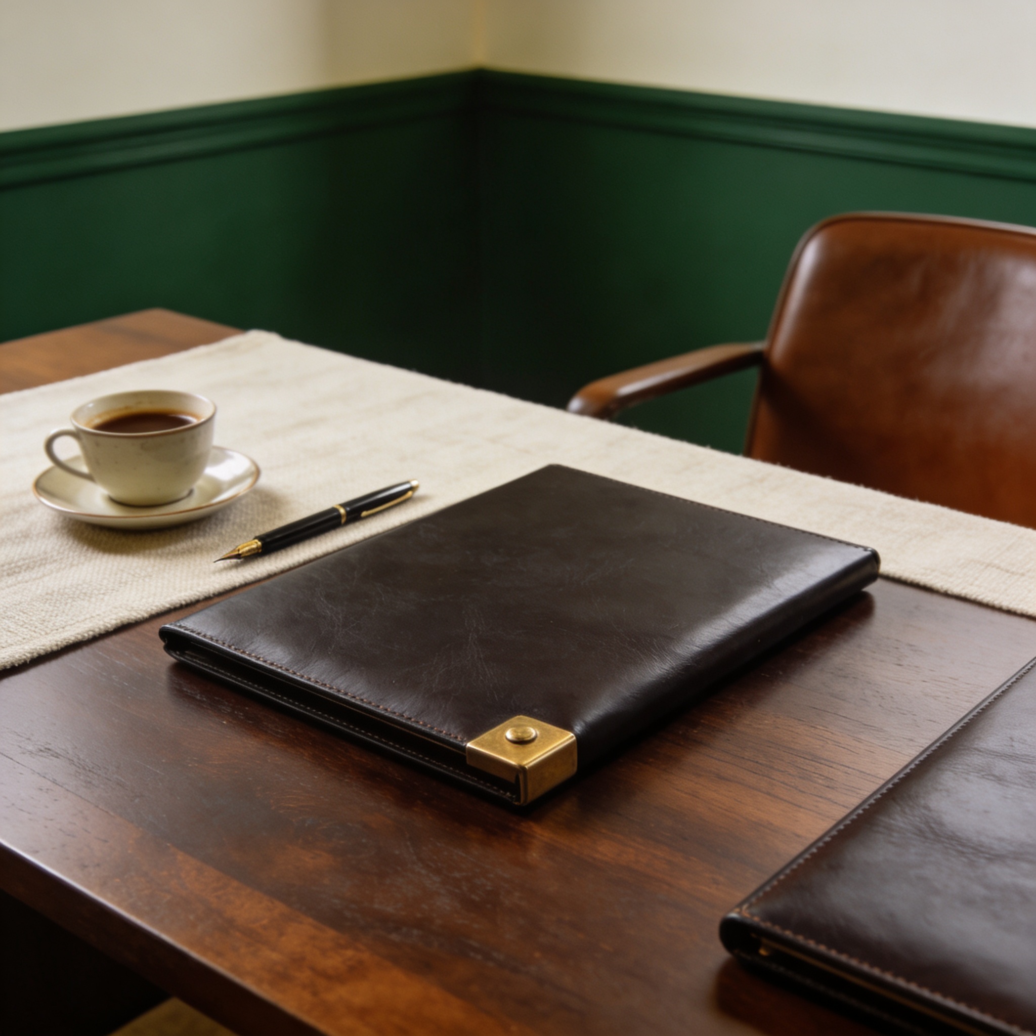 Closed leather portfolio on a desk. A plan ready to be presented.