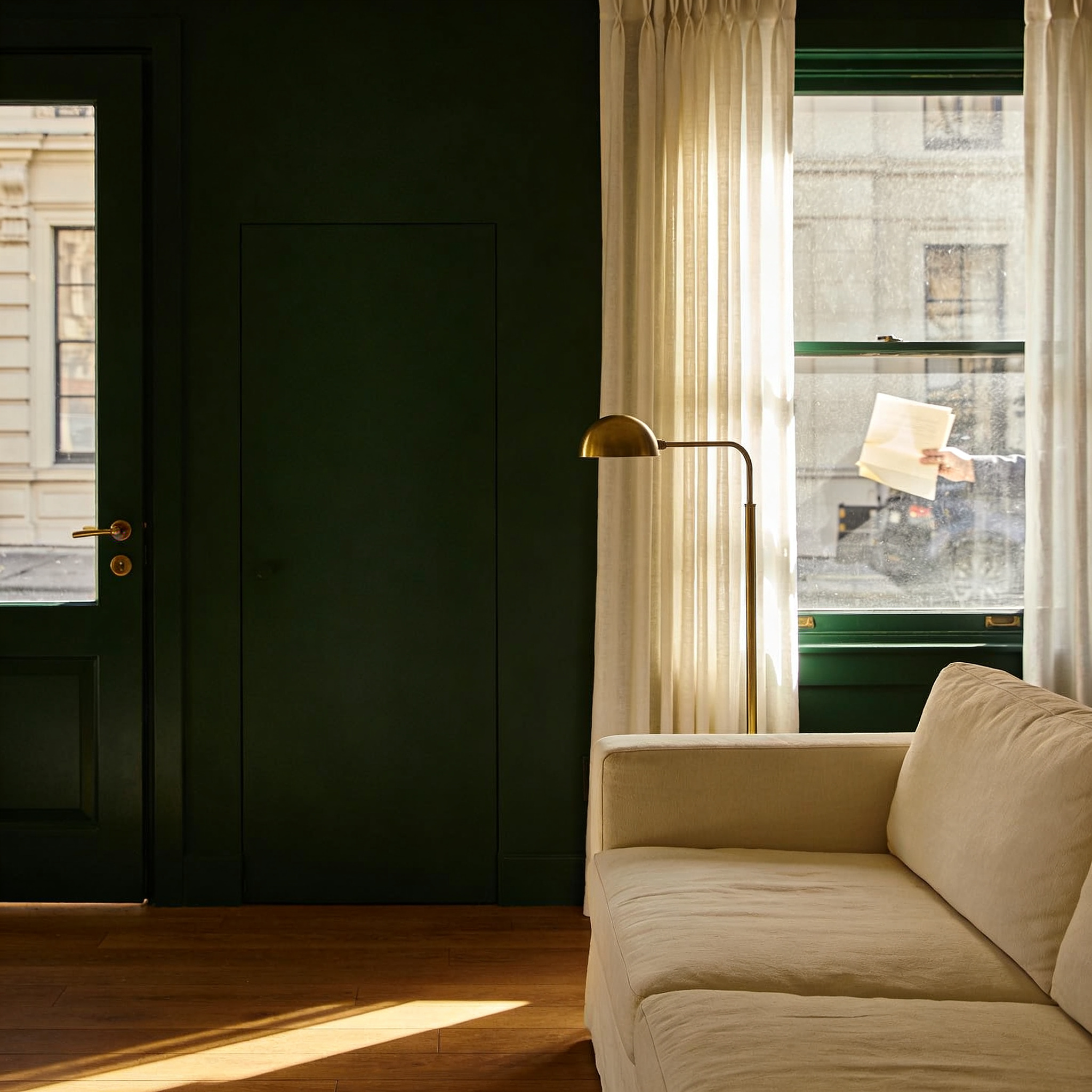 Elegant residential living room seen from outside. A pause in decision